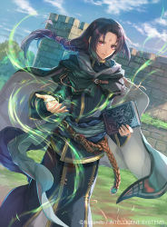 Rule 34 | 1boy, belt, bisaiiiii, black cape, black hair, black robe, blue sky, book, brown belt, cape, cloud, commentary request, cowboy shot, day, facial mark, fire emblem, fire emblem: path of radiance, fire emblem cipher, forehead, forehead mark, holding, holding book, long hair, long sleeves, looking at viewer, low ponytail, male focus, nintendo, official art, red eyes, robe, sky, smile, solo, soren (fire emblem), standing