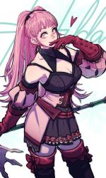 Rule 34 | 1girl, axe, black thighhighs, breasts, cleavage, closed mouth, dress, earrings, faithom, female focus, fire emblem, fire emblem: three houses, freikugal (weapon), gloves, heart, heroes relic (fire emblem), highres, hilda valentine goneril, holding, holding axe, holding weapon, hoop earrings, jewelry, large breasts, long hair, matching hair/eyes, nintendo, pink eyes, pink hair, ponytail, red gloves, simple background, smile, solo, standing, thighhighs, weapon