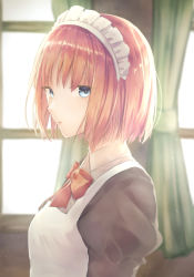 Rule 34 | 1girl, apron, blue eyes, blurry, blurry background, bow, bowtie, brown hair, collared shirt, curtains, from side, highres, hisui (tsukihime), maid headdress, open mouth, red bow, red bowtie, shirt, short hair, solo, suzuna (fkpw5754), tsukihime, upper body, white apron, white shirt, wing collar