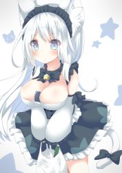 Rule 34 | 1girl, animal ear fluff, animal ears, bag, bare shoulders, bell, between breasts, black bow, black skirt, blue eyes, blush, bow, breasts, cleavage, closed mouth, coin purse, commentary request, daidai ookami, detached sleeves, frilled skirt, frilled sleeves, frills, gradient background, grey background, highres, holding, holding bag, jingle bell, large breasts, long hair, long sleeves, maid headdress, original, plastic bag, puffy long sleeves, puffy sleeves, shopping bag, silver hair, skirt, sleeves past wrists, solo, star (symbol), starry background, tail, tail bow, tail ornament, very long hair, white background