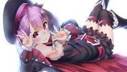 Rule 34 | absurdres, black hat, breasts, double v, dress, fate/grand order, fate (series), flat chest, hat, helena blavatsky (fate), helena blavatsky (third ascension) (fate), highres, len (hand linke), looking at viewer, lying, on side, purple eyes, purple hair, short hair, skirt, small breasts, solo, strapless, strapless dress, thighhighs, v