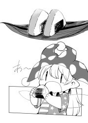 Rule 34 | 1girl, clownpiece, commentary request, fairy wings, food, greyscale, hat, holding, holding food, jester cap, monochrome, neck ruff, onigiri, open mouth, pointy ears, polka dot, sayakata katsumi, short sleeves, solo, touhou, wings