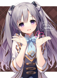 Rule 34 | 1girl, :d, blue bow, blush, bow, brown background, commentary request, grey hair, hair between eyes, hair bow, hands up, heart, highres, idolmaster, idolmaster shiny colors, jacket, long hair, looking at viewer, milestone celebration, open clothes, open jacket, open mouth, plaid, purple eyes, shirt, skirt, smile, solo, suimya, twintails, very long hair, white jacket, white shirt, yukoku kiriko