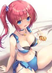 Rule 34 | 1girl, azur lane, bikini, bikini top lift, blue bikini, blue eyes, blush, breasts, cameltoe, choker, cleavage, clothes lift, collarbone, commentary request, covered erect nipples, from above, hair bobbles, hair ornament, hairclip, highres, jewelry, large breasts, long hair, looking at viewer, m/, mikagami mamizu, navel, necklace, one side up, open mouth, partial commentary, red hair, san diego (azur lane), scrunchie, smile, solo, spread legs, star (symbol), star necklace, stomach, sweat, swimsuit, wrist scrunchie