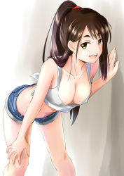 Rule 34 | 1girl, :d, absurdres, bent over, blush, breasts, brown hair, cleavage, collarbone, commentary request, crop top, hand on own knee, highres, large breasts, long hair, looking at viewer, open mouth, original, ponytail, shirt, short shorts, shorts, sleeveless, sleeveless shirt, smile, solo, standing, suzuki-shi, tied shirt, white shirt