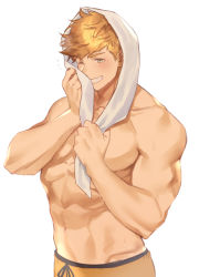 Rule 34 | 1boy, abs, bara, bare shoulders, blonde hair, blush, gradient hair, granblue fantasy, higashigunkan, holding, large pectorals, male focus, multicolored hair, muscular, navel, one eye closed, pectorals, topless male, smile, solo, towel, underwear, upper body, vane (granblue fantasy), wet, white background, wiping face