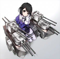 Rule 34 | 10s, 1girl, bad id, bad nicoseiga id, black hair, brown eyes, cannon, gloves, gradient background, haguro (kancolle), hair ornament, kantai collection, own hands together, pantyhose, personification, seiza, short hair, sitting, smile, solo, tetsubuta, thigh strap, turret, weapon, white gloves