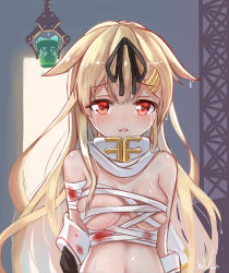 Rule 34 | 1girl, absurdres, bandages, blonde hair, blood, blood stain, blush, bow, breasts, bucket, cleavage, unworn clothes, hair bow, hair flaps, hair ornament, hair ribbon, hairclip, highres, kantai collection, light brown hair, long hair, looking at viewer, medium breasts, midriff, navel, parted lips, red eyes, ribbon, sarashi, scarf, school uniform, serafuku, solo, tears, translated, upper body, wuhuo, yuudachi (kancolle), yuudachi kai ni (kancolle)