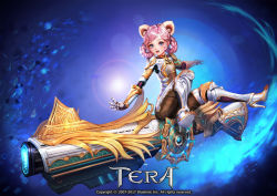 Rule 34 | 1girl, animal ears, armor, artist request, blue eyes, bodysuit, braid, cannon, copyright name, elin, gun, high heels, huge weapon, legs up, long hair, official art, open mouth, outstretched arms, pink hair, raccoon ears, shoes, sitting, smile, solo, spread legs, tera online, twin braids, twintails, weapon