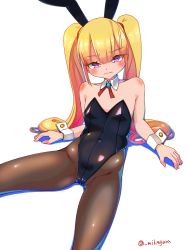 Rule 34 | 1girl, animal ears, black leotard, blonde hair, brown pantyhose, covered navel, detached collar, fake animal ears, highleg, highleg leotard, highres, leotard, looking at viewer, mikagura, original, pantyhose, playboy bunny, purple eyes, rabbit ears, rabbit girl, red ribbon, ribbon, simple background, sitting, solo, strapless, strapless leotard, twintails, wavy mouth, white background, wrist cuffs