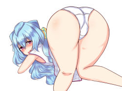 Rule 34 | 10s, 1boy, absurdres, ass, bare shoulders, blue hair, blush, ebon umax, hacka doll, hacka doll 3, hair ornament, highres, huge ass, long hair, looking at viewer, male focus, purple eyes, shiny skin, shirt, smile, solo, top-down bottom-up, trap, underwear
