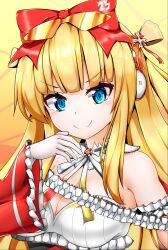 Rule 34 | &gt;:), 1girl, beatmania, beatmania iidx, blonde hair, blue eyes, bow, breasts, cleavage, closed mouth, frilled sleeves, frills, gloves, hair bow, hand up, headphones, himmel (beatmania iidx), kredorf, long hair, long sleeves, looking at viewer, medium breasts, neck ribbon, red bow, ribbon, solo, split mouth, upper body, v-shaped eyebrows, white gloves, wide sleeves