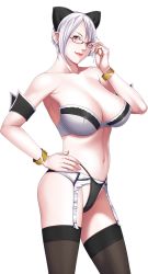 Rule 34 | 1girl, adjusting eyewear, animal ears, bare shoulders, bra, bracelet, breasts, cat ears, earrings, game cg, garter belt, garter straps, glasses, hand on own hip, jewelry, jyougasaki mizuki, large breasts, legs, lingerie, looking at viewer, mole, navel, p/a: potential ability, panties, red eyes, sei shoujo, short hair, simple background, solo, standing, strapless, strapless bra, thighhighs, thighs, underwear, white background, white hair