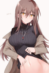 Rule 34 | 1girl, black sweater, breasts, brown coat, brown hair, closed mouth, clothes lift, coat, frown, hair between eyes, highres, jewelry, kinona, large breasts, long hair, long sleeves, looking at viewer, navel, necklace, off shoulder, open clothes, open coat, orange eyes, original, ribbed sweater, simple background, solo, stomach, sweater, sweater lift, turtleneck, turtleneck sweater, upper body, white background