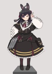 Rule 34 | 1girl, ahoge, animal ears, b ub6, belt, belt pouch, black belt, black dress, black footwear, boots, bow, braid, dress, frilled sleeves, frills, hair bow, highres, long hair, long sleeves, neck ribbon, one eye closed, petticoat, phase connect, pinafore dress, pipkin pippa, pipkin pippa (2nd costume), pouch, puffy long sleeves, puffy sleeves, purple bow, purple eyes, purple ribbon, rabbit ears, rabbit girl, ribbon, sleeveless, sleeveless dress, smile, v, virtual youtuber, white bow