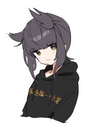 Rule 34 | 1girl, alternate costume, black hoodie, brown eyes, brown hair, closed mouth, clothes writing, hair horns, hatsuzuki (kancolle), highres, hood, hoodie, kantai collection, looking at viewer, sayuwan, short hair, simple background, smile, solo, translation request, upper body, white background