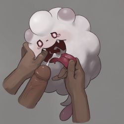 Rule 34 | 1boy, 1girl, blush, colored sclera, creatures (company), cum, cum in mouth, dark-skinned male, dark skin, disembodied penis, drooling, ejaculation, erection, fangs, full body, game freak, gen 6 pokemon, grey background, hetero, highres, nintendo, nose blush, open mouth, orgasm, penis, pokemon, pokemon (creature), purple sclera, simple background, swirlix, tears, tongoe out, tongue, tongue pull, veins, veiny penis, white eyes, youjo modoki