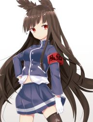 Rule 34 | 1girl, abe suke, animal ears, armband, azur lane, blue skirt, brown hair, brown thighhighs, closed mouth, commentary request, cowboy shot, gloves, gradient background, hand on own hip, highres, long hair, long sleeves, looking at viewer, midriff, multicolored background, myoukou (azur lane), orange eyes, pleated skirt, sidelocks, signature, single thighhigh, skirt, solo, sparkle, thighhighs, two-tone background, very long hair, white gloves, zettai ryouiki