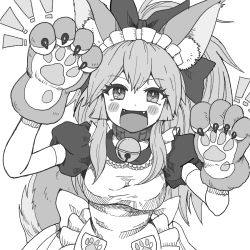 Rule 34 | 1girl, animal ear fluff, animal ears, animal hands, apron, bell, blush, bow, breasts, cat paws, claws, collar, commentary, commentary request, fangs, fate/grand order, fate (series), fox ears, fox girl, fox tail, frills, greyscale, hair bow, highres, jingle bell, kusama takato, large breasts, long hair, looking at viewer, maid apron, maid headdress, monochrome, neck bell, notice lines, open mouth, paw pose, paw print, ponytail, short sleeves, sidelocks, simple background, smile, solo, tail, tamamo (fate), tamamo cat (fate), tamamo cat (second ascension) (fate), tongue, upper body