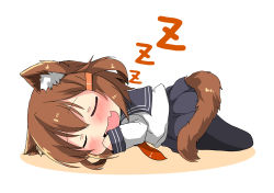 Rule 34 | 1girl, :d, animal ear fluff, animal ears, black pantyhose, black sailor collar, black skirt, blush, brown hair, cat ears, cat girl, cat tail, chibi, closed eyes, colored shadow, commentary request, fang, full body, hair between eyes, hair ornament, hairclip, ikazuchi (kancolle), kantai collection, kemonomimi mode, long sleeves, lying, no shoes, on stomach, open mouth, oshiruko (uminekotei), pantyhose, pleated skirt, red neckwear, sailor collar, shadow, shirt, simple background, skin fang, skirt, sleeping, smile, solo, tail, white background, white shirt, zzz