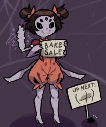 Rule 34 | 1girl, ass, black eyes, black sclera, brown hair, colored sclera, colored skin, extra eyes, fang, arthropod girl, monster girl, muffet, purple skin, sign, spider girl, twintails, undertale, waving