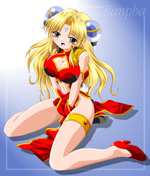 Rule 34 | 00s, 1girl, :d, between legs, blonde hair, blush, breasts, brown eyes, character name, china dress, chinese clothes, cleavage, cleavage cutout, clothing cutout, dress, facial mark, forehead mark, full body, galaxy angel, gradient background, hair ornament, hand between legs, high heels, imai kazunari, large breasts, long hair, military, military uniform, navel, open mouth, ranpha franboise, sitting, smile, solo, uniform, wariza