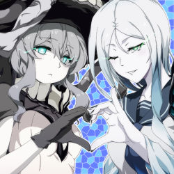 Rule 34 | 10s, 2girls, :&lt;, abyssal ship, aqua eyes, bodysuit, dress, fingernails, gloves, glowing, glowing eyes, green eyes, grin, heart, heart hands, heart hands duo, kagesaki-ice, kantai collection, long fingernails, looking at viewer, monster, multiple girls, one eye closed, pale skin, personification, sailor dress, smile, ta-class battleship, white hair, wink, wo-class aircraft carrier