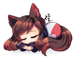 Rule 34 | 1girl, absurdres, animal ear fluff, animal ears, artist name, brown hair, chibi, closed eyes, closed mouth, commentary, curled up, dress, dungeon toaster, english commentary, full body, highres, imaizumi kagerou, long hair, long sleeves, simple background, sleeping, smile, solo, tail, touhou, white background, white dress, wolf ears, wolf tail
