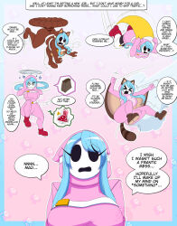 Rule 34 | @ @, alternate color, alternate costume, blue hair, boots, bouncing breasts, breasts, cape, english text, full body, highres, large breasts, mario (series), mask, nervous, nintendo, pink background, potion, propeller, scared, shadowscarknite, shoes, shy gal, shy guy, speech bubble, tail, tanooki mario, thighhighs, white thighhighs