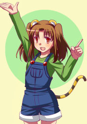 Rule 34 | 00s, 1girl, animal ears, arm up, blush, brown hair, cat ears, cat tail, kemonomimi mode, open mouth, red eyes, short hair, shorts, smile, solo, suspenders, tail, tiger ears, tiger tail, tsukihime, two side up, urako, yumizuka satsuki