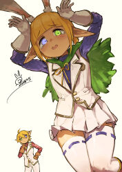 Rule 34 | 1boy, 1girl, absurdres, animal ears, armor, aura bella fiora, blonde hair, blue eyes, brother and sister, cape, cowboy shot, crossdressing, dark elf, elf, fake animal ears, gloves, green cape, green eyes, heterochromia, highres, light blush, linpiu, mare bello fiore, open mouth, overlord (maruyama), pants, pleated skirt, pointy ears, rabbit ears, rabbit pose, scale armor, shirt, siblings, skirt, solo focus, thighhighs, tomboy, trap, vest, white background, white gloves, white pants, white shirt, white thighhighs, white vest