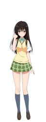 Rule 34 | 10s, 1girl, black hair, breast hold, kotegawa yui, loafers, long hair, looking at viewer, school uniform, shoes, simple background, skirt, socks, solo, sweater vest, to love-ru, to love-ru darkness, to love-ru darkness: idol revolution, white background, yabuki kentarou