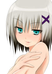 Rule 34 | 1girl, aqua eyes, black hair, blush, hair ornament, highres, kohinore, licking lips, lyrical nanoha, mahou shoujo lyrical nanoha, mahou shoujo lyrical nanoha a&#039;s, mahou shoujo lyrical nanoha a&#039;s portable: the battle of aces, lord dearche, multicolored hair, nude, short hair, silver hair, smile, solo, tongue, tongue out, two-tone hair