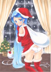 Rule 34 | 1girl, absurdres, ass, blue eyes, blue hair, butt crack, christmas, christmas tree, commentary request, dress, elbow gloves, finger to mouth, fur-trimmed dress, fur-trimmed gloves, fur-trimmed headwear, fur-trimmed legwear, fur trim, gloves, gradient hair, hat, highres, holding, holding sack, kantai collection, long hair, looking at viewer, marker (medium), multicolored hair, panties, red dress, red gloves, red hat, red thighhighs, sack, samidare (kancolle), santa costume, santa dress, santa hat, shushing, sleeveless, sleeveless dress, solo, swept bangs, thighhighs, traditional media, underwear, very long hair, white panties, yuuki chima