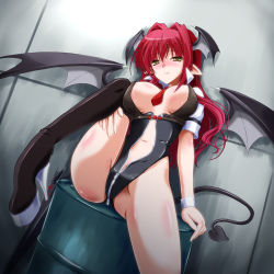 Rule 34 | 1girl, alternate costume, areola slip, barrel, bat wings, between breasts, black leotard, black thighhighs, blush, bodysuit, boots, breasts, cleavage, closed umbrella, demon girl, demon tail, demon wings, drum (container), female focus, head wings, high heels, highres, koakuma, large breasts, leg up, leotard, long hair, looking at viewer, midriff, mini wings, navel, necktie, necktie between breasts, pointy ears, race queen, red hair, red necktie, shoes, short sleeves, sitting, smile, solo, spread legs, stiletto heels, tail, thigh boots, thighhighs, touhou, umbrella, unzipped, wings, wrist cuffs, yamu (reverse noise), yellow eyes