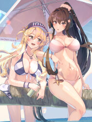 Rule 34 | 2girls, beach umbrella, blonde hair, blue eyes, blush, breasts, brown eyes, brown hair, cherry blossoms, cleavage, flower, hair between eyes, hair ornament, highres, himeyamato, holding, implied yuri, iowa (kancolle), kantai collection, large breasts, long hair, multiple girls, navel, one eye closed, open mouth, ponytail, star-shaped pupils, star (symbol), swimsuit, symbol-shaped pupils, umbrella, very long hair, wading, wet, yamato (kancolle), yamato kai ni (kancolle)