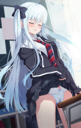 Rule 34 | 1girl, absurdres, black bow, black jacket, black necktie, black skirt, blue hair, blue panties, blush, bow, bow panties, closed eyes, collared shirt, crotch rub, desk, female masturbation, hair bow, highres, indoors, jacket, lifted by self, light blue hair, long hair, masturbation, miso (misomiso 154), multicolored necktie, necktie, open clothes, open jacket, original, panties, plaid, plaid skirt, pleated skirt, red necktie, school desk, school uniform, shirt, skirt, solo, stained panties, sweat, table humping, twintails, underwear, white shirt