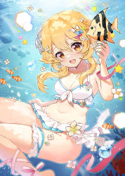 Rule 34 | 1girl, :d, air bubble, angelfish, ankle ribbon, apple caramel, bare arms, bare shoulders, bikini, blonde hair, blush, bow, breasts, bridal garter, bubble, cleavage, clownfish, commentary request, fish, flower, frilled skirt, frills, front-tie top, genshin impact, hair between eyes, hair bow, hair flower, hair ornament, halterneck, hand up, highres, leg ribbon, looking at viewer, lumine (genshin impact), medium breasts, navel, open mouth, pink ribbon, ribbon, short hair with long locks, sidelocks, skirt, smile, solo, sparkle, stomach, swimsuit, teeth, thighs, tropical fish, underwater, upper teeth only, water, white bikini, white flower, white skirt, yellow eyes