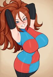 Rule 34 | 1girl, absurdres, afrobull, android 21, arms behind head, blush, brown hair, dragon ball, dragon ball fighterz, dragonball z, earrings, highres, jewelry, long hair, looking at viewer, non-web source, pantyhose, solo, source request