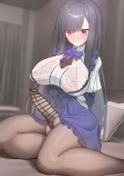 1futa ause bed black_hair blush breasts bulge censored dress erection erection_under_clothes futanari huge_breasts pantyhose penis pillow pink_eyes pointless_censoring sitting solo testicles