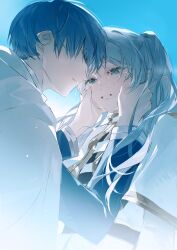 Rule 34 | 1boy, 1girl, blue background, blue eyes, blue hair, blue tunic, capelet, clenched teeth, cloak, crying, crying with eyes open, elf, frieren, green eyes, hands on another&#039;s face, highres, himmel (sousou no frieren), long hair, looking at another, pointy ears, qing yan xia, short hair, sousou no frieren, tears, teeth, twintails, white capelet, white cloak, white hair