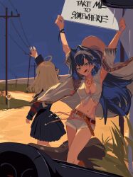 Rule 34 | 2girls, absurdres, ahoge, alternate costume, arm up, arms up, belt, blue eyes, blue hair, blue sky, boots, breasts, cleavage, commentary, crop top, denim, denim shorts, desert, english commentary, english text, hair intakes, hairband, hat, highres, hippie, holding, holding sign, hololive, hololive english, knee boots, light brown hair, long hair, medium breasts, multiple girls, nanashi mumei, navel, official alternate costume, old metal 666, open mouth, ouro kronii, outdoors, road sign, shirt, shorts, sidelighting, sign, skirt, sky, standing, sun hat, tied shirt, virtual youtuber