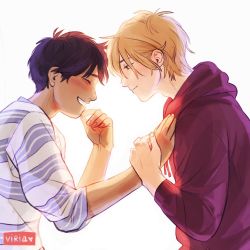 Rule 34 | 2boys, adam&#039;s apple, artist name, ash lynx, banana fish, black hair, blonde hair, blue shirt, blush, closed eyes, couple, eyebrows, fingernails, green eyes, happy, highres, holding another&#039;s wrist, holding hands, hood, hood down, hoodie, laughing, light blush, lips, looking at another, male focus, multiple boys, okumura eiji, open mouth, pale skin, red hoodie, shirt, short hair, sleeves rolled up, striped clothes, striped shirt, sunlight, tan, teeth, twitter username, viria13, watermark, white background, yaoi