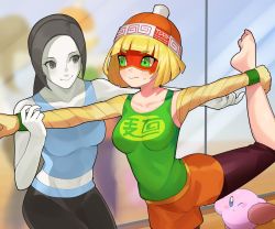 Rule 34 | 2girls, arms (game), barefoot, beanie, black hair, blue shirt, blush, capri pants, colored skin, domino mask, eyebrows visible through mask, food, green shirt, grey eyes, hat, highres, katwo, kirby, kirby (series), knit hat, mask, min min (arms), multiple girls, nintendo, noodles, orange headwear, orange shorts, pants, ponytail, shirt, shorts, stretching, super smash bros., tank top, white skin, wii fit, wii fit trainer, wii fit trainer (female), yoga pants