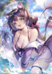 Rule 34 | 1girl, :d, absurdres, animal ear fluff, animal ears, bare shoulders, bikini, blue bikini, blush, bow, breasts, brown hair, cat ears, cleavage, day, eyewear on head, fang, green eyes, hair bow, halterneck, highres, holding, holding swim ring, innertube, irisrey, karyl (princess connect!), karyl (summer) (princess connect!), large breasts, long hair, looking at viewer, medium breasts, multicolored hair, off shoulder, open clothes, open mouth, open shirt, outdoors, pink bow, princess connect!, purple shirt, shirt, short shorts, shorts, skin fang, smile, solo, streaked hair, suggestive fluid, swim ring, swimsuit, thigh strap, twintails, water, white hair, white shorts