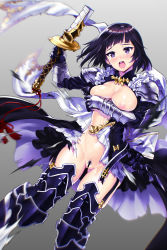 Rule 34 | 1girl, armor, black hair, blush, breasts, breasts out, broken, broken sword, broken weapon, censored, covering privates, covering breasts, defeat, erika (shadowverse), female focus, female pubic hair, frills, fujimon, gauntlets, gradient background, greaves, head tilt, holding, holding sword, holding weapon, large breasts, looking at viewer, navel, nipples, open mouth, pubic hair, purple eyes, round teeth, shadowverse, shoulder pads, solo, sword, teeth, torn clothes, weapon