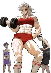 Rule 34 | 2girls, abs, absurdres, blush, breasts, dorohedoro, earrings, gym shorts, highres, jewelry, large breasts, long hair, looking at viewer, multiple girls, muscular, muscular female, navel, noi (dorohedoro), park ongjol, red eyes, shorts, simple background, smile, white hair