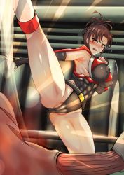 Rule 34 | 1girl, asuka (crimson tears), belt, black gloves, blush, boots, breasts, brown eyes, brown hair, cameltoe, capcom, cleft of venus, commission, crimson tears, fighting, fingerless gloves, folded ponytail, gloves, groin, high kick, highres, kicking, large breasts, leotard, monster, nonoririn, open mouth, partially visible vulva, ponytail, skin tight, solo focus, sparks, spike (company), spread legs, standing, standing on one leg, sweat, thighs