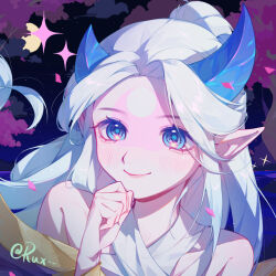 Rule 34 | 1girl, absurdres, alune (league of legends), artist name, asymmetrical horns, bare shoulders, blush, closed mouth, colored skin, full moon, green eyes, hair bun, hand up, highres, horns, league of legends, moon, night, official alternate costume, outdoors, ruan chen yue, single hair bun, smile, solo, tree, uneven horns, white skin