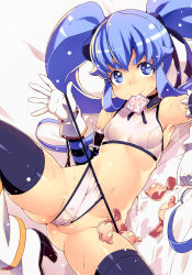 Rule 34 | 10s, 1girl, bed sheet, blue eyes, blue hair, blush, boots, bra, breasts, cleft of venus, condom, condom in mouth, crown, cure princess, elbow gloves, eyebrows, gloves, hair ribbon, halterneck, happinesscharge precure!, long hair, magical girl, matching hair/eyes, mouth hold, navel, panties, panty lift, panty pull, partially visible vulva, precure, ribbon, shirayuki hime, sidelocks, small breasts, solo, spread legs, string panties, sweat, tasaka shinnosuke, thick eyebrows, thighhighs, twintails, underwear, underwear only, white bra, white panties